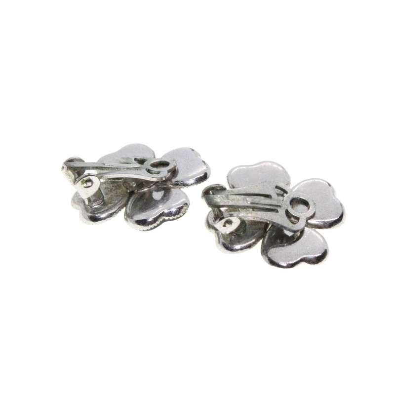 Earrings - Silver Tone Vintage Paua Shell Four Leaf Clover Clip On Earrings - ML3159