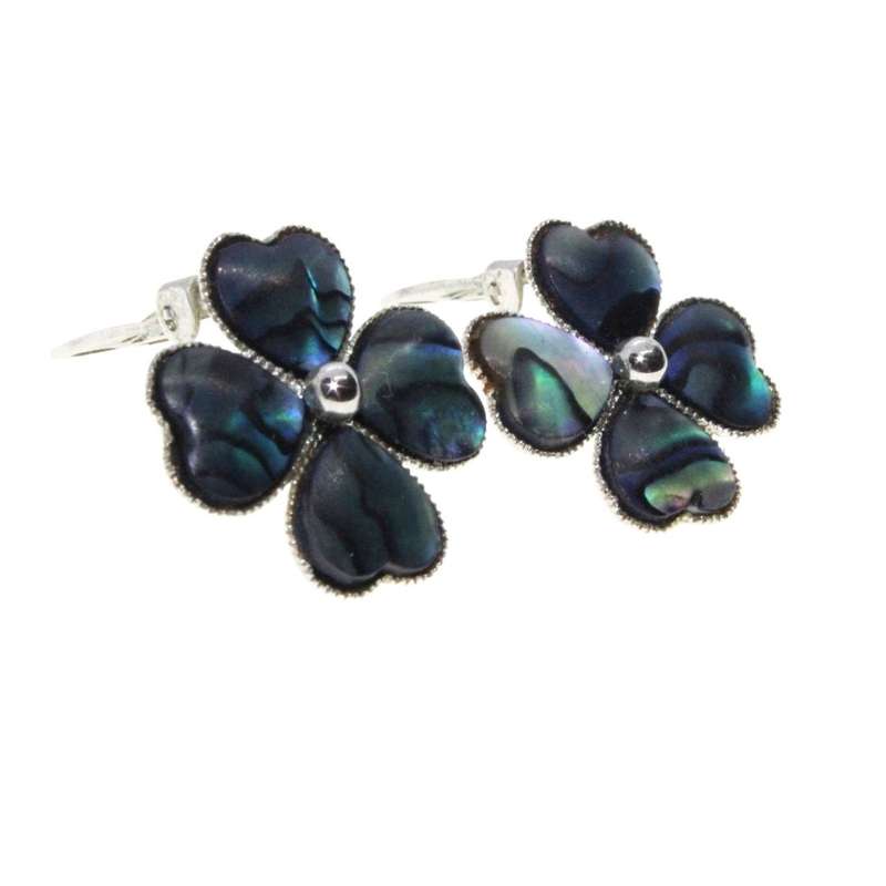 Earrings - Silver Tone Vintage Paua Shell Four Leaf Clover Clip On Earrings - ML3159