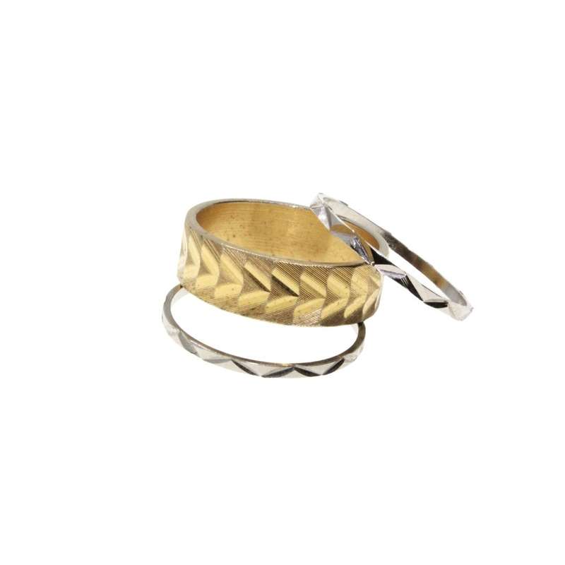Ring - Gold Tone & Silver Tone Ring Set. 2x Dainty Textured Bands. 1 Wide Textured Band - ML3164