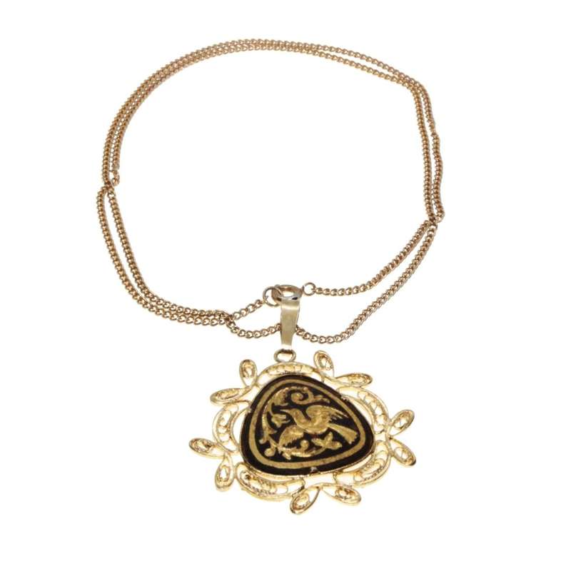 Necklace - Vintage Gold Tone Damascene Filigree Bird Pendant/Necklace - ML3166