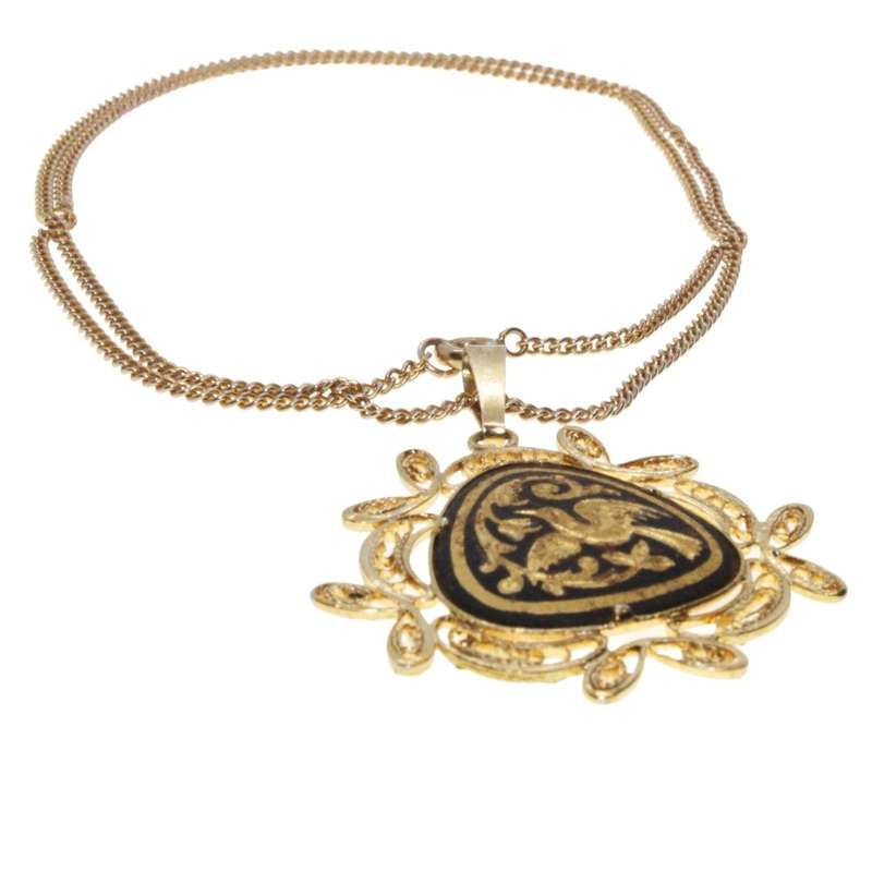 Necklace - Vintage Gold Tone Damascene Filigree Bird Pendant/Necklace - ML3166