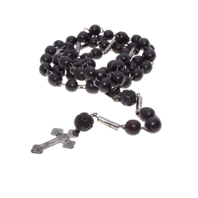 Necklace - Rosarie, Vintage Black Beads. Silver Tone Chain inbetween. Silver Tone Cross - ML3167