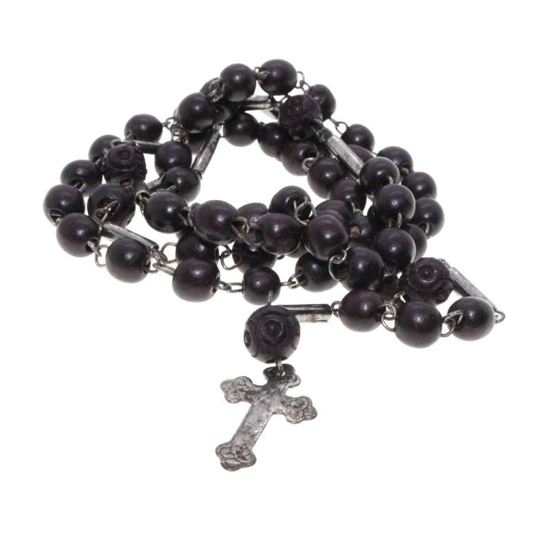 Necklace - Rosarie, Vintage Black Beads. Silver Tone Chain inbetween. Silver Tone Cross - ML3167
