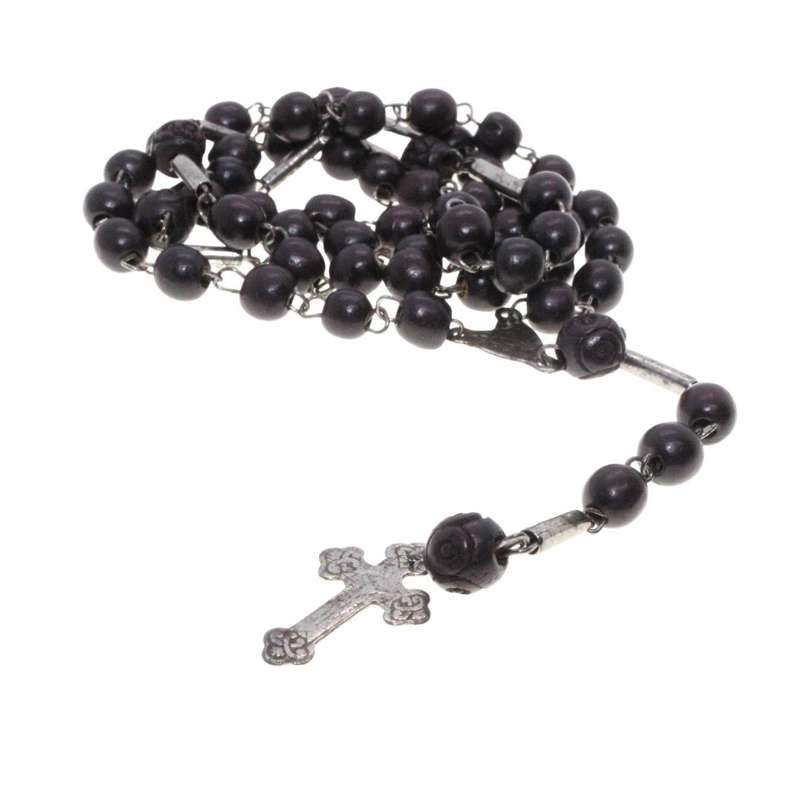 Necklace - Rosarie, Vintage Black Beads. Silver Tone Chain inbetween. Silver Tone Cross - ML3167