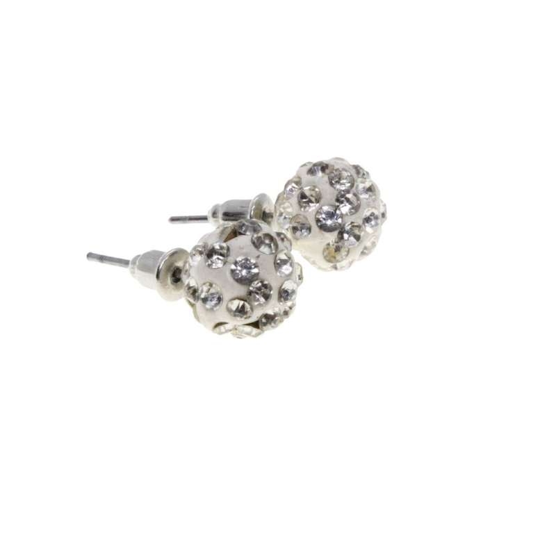 Earrings - Silver Tone Fashion White Crystal Ball Earrings with Diamantes - ML3168