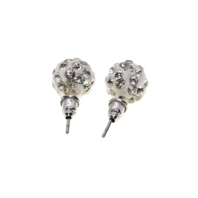 Earrings - Silver Tone Fashion White Crystal Ball Earrings with Diamantes - ML3168