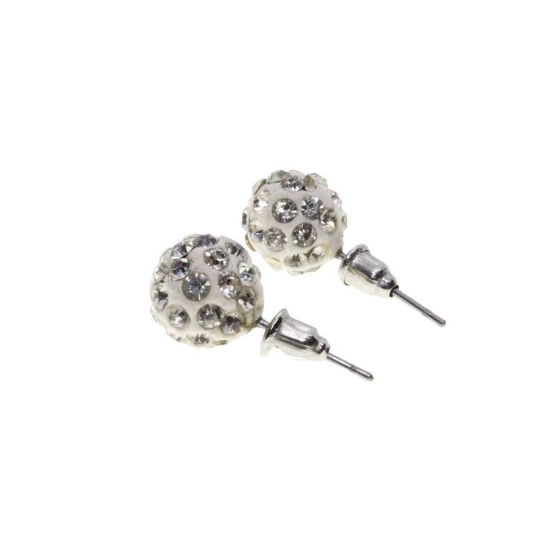 Earrings - Silver Tone Fashion White Crystal Ball Earrings with Diamantes - ML3168