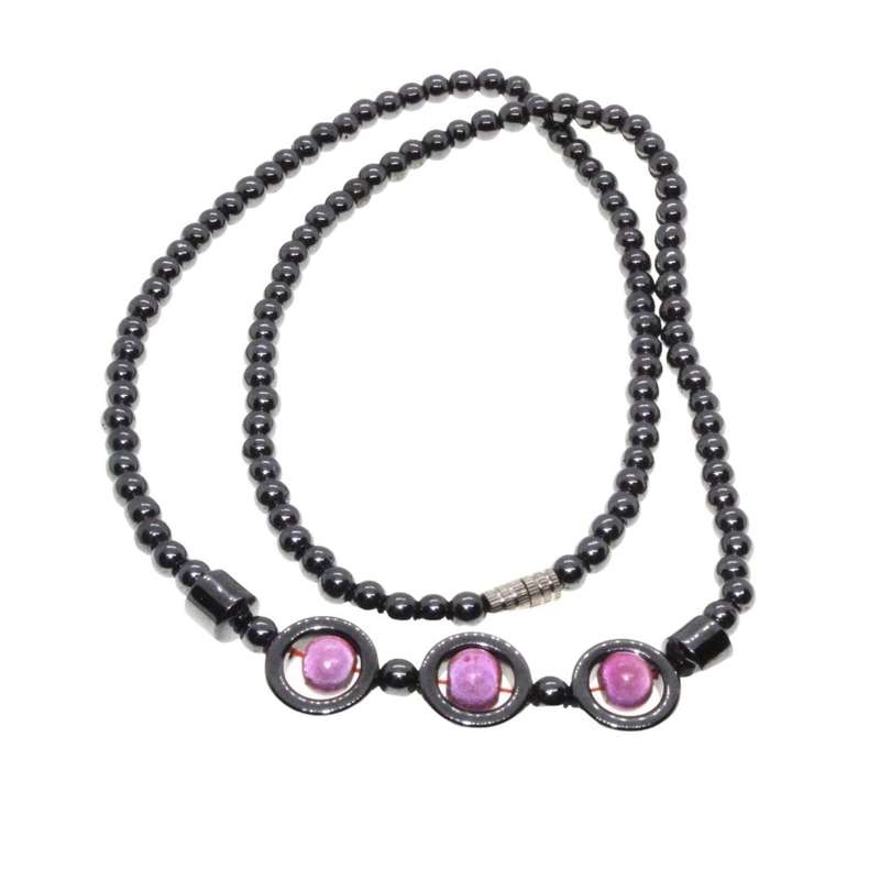 Necklace - Vintage Hematite. 3 Large Round Hematite Beads with pink Bead Centre - ML3169