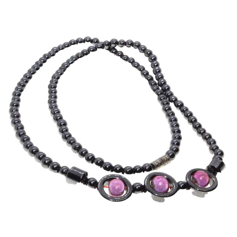 Necklace - Vintage Hematite. 3 Large Round Hematite Beads with pink Bead Centre - ML3169