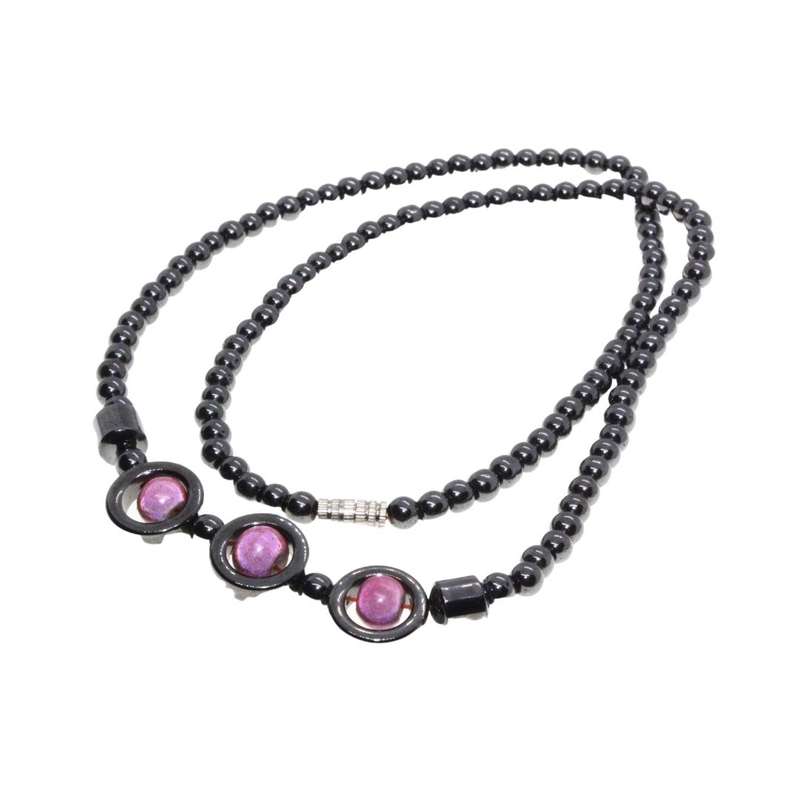 Necklace - Vintage Hematite. 3 Large Round Hematite Beads with pink Bead Centre - ML3169