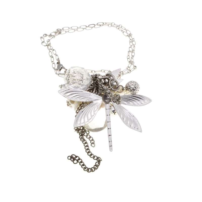 Necklace - Silver Tone Vintage Fashion Necklace. Assorted Baubles, Beads & Dragonfly Pendant - ML...