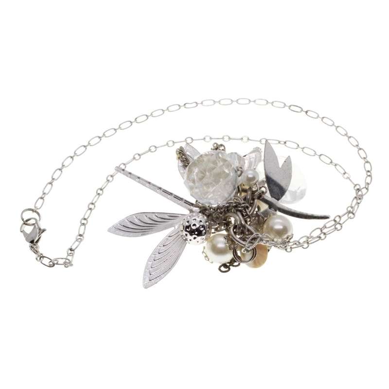 Necklace - Silver Tone Vintage Fashion Necklace. Assorted Baubles, Beads & Dragonfly Pendant - ML...