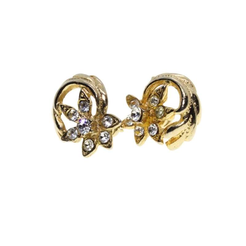 Earrings - Gold Tone Vintage Fashion Earrings. Flower Twirl with Diamantes - ML3172