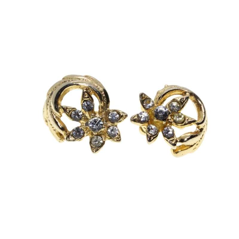 Earrings - Gold Tone Vintage Fashion Earrings. Flower Twirl with Diamantes - ML3172