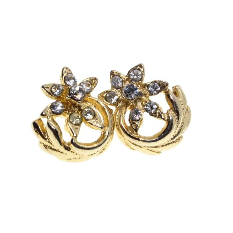 Earrings - Gold Tone Vintage Fashion Earrings. Flower Twirl with Diamantes - ML3172