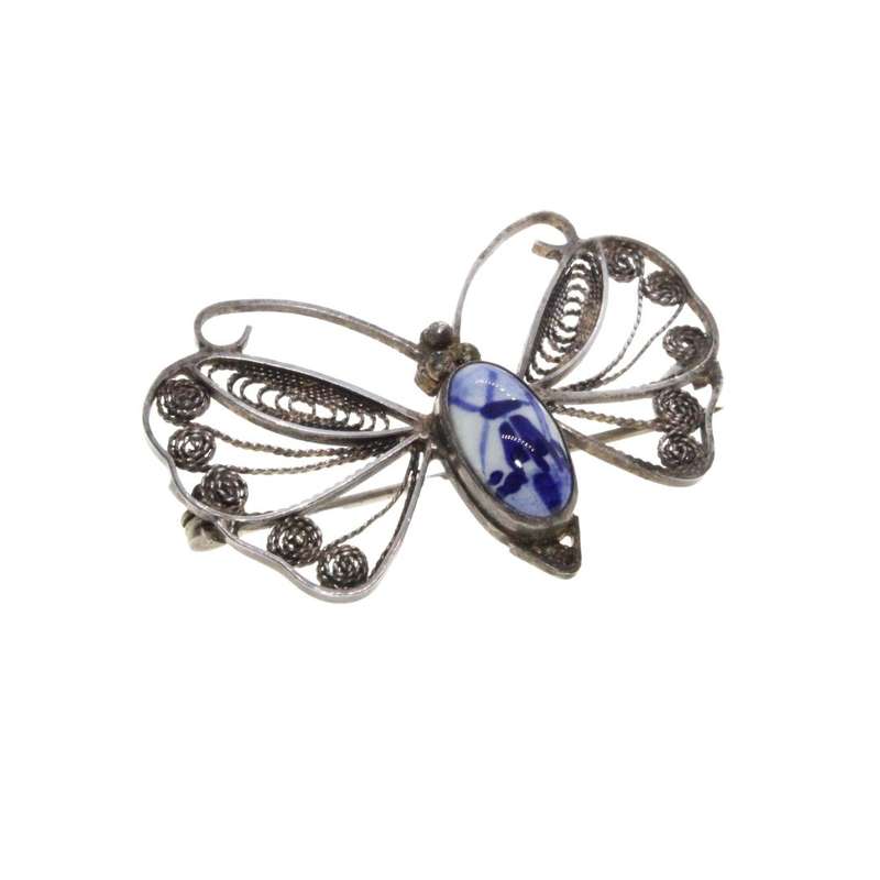 Brooch - Vintage Silver Filigree Delft Butterfly Brooch - ML3175