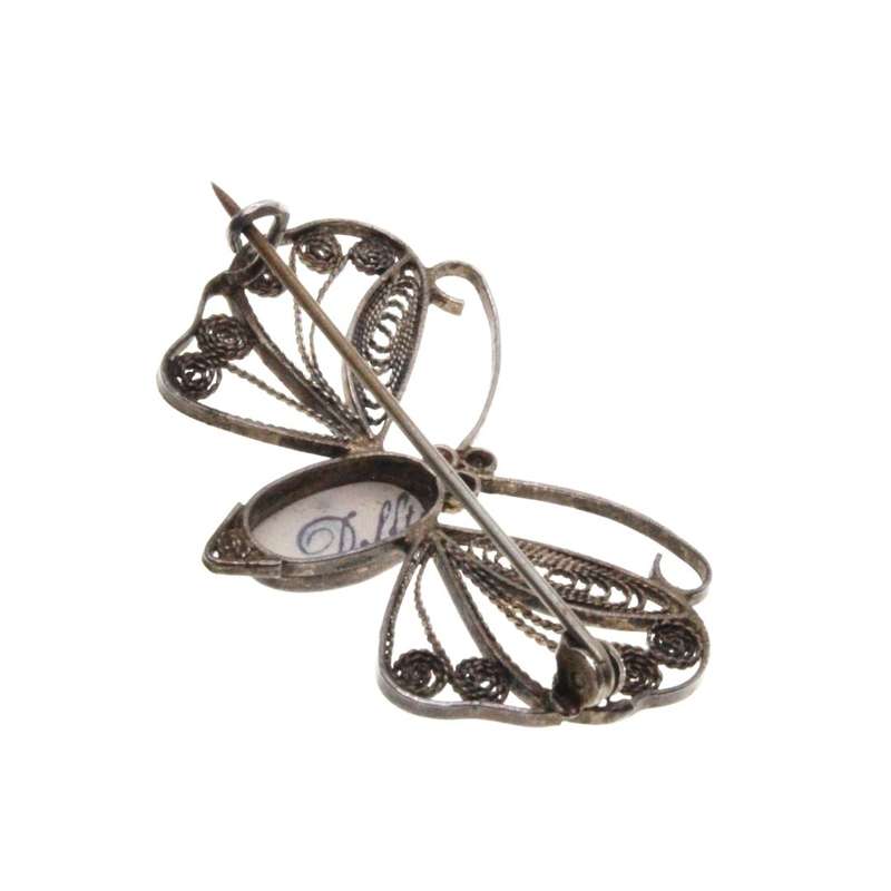 Brooch - Vintage Silver Filigree Delft Butterfly Brooch - ML3175