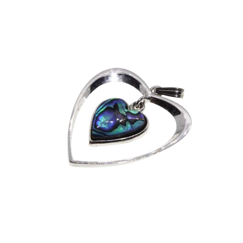 Pendant - Silver Tone Vintage Heart in Heart Pendant. Centre Heart filled with Paua Shell - ML3176