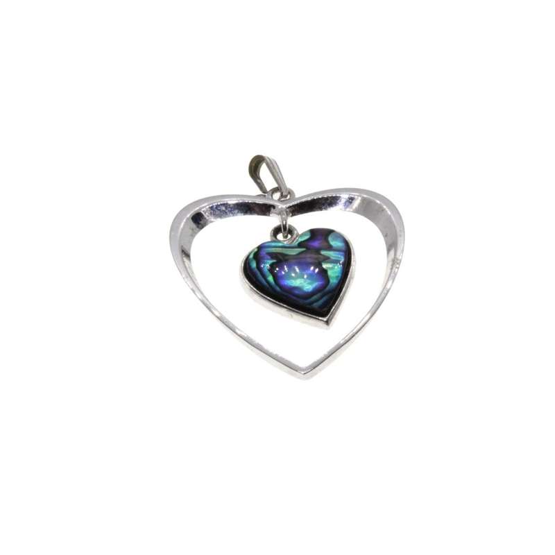 Pendant - Silver Tone Vintage Heart in Heart Pendant. Centre Heart filled with Paua Shell - ML3176