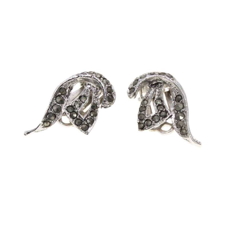 Earrings - Silver Tone Vintage Antique Marcasite Clip On Earrings. Art Nouveau style - ML3178