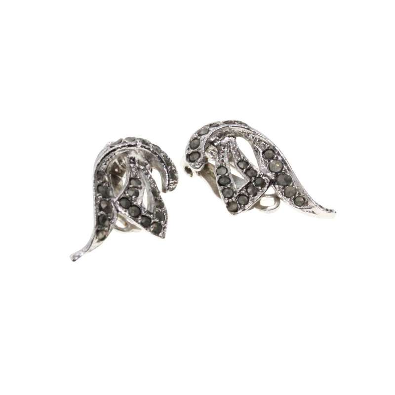 Earrings - Silver Tone Vintage Antique Marcasite Clip On Earrings. Art Nouveau style - ML3178