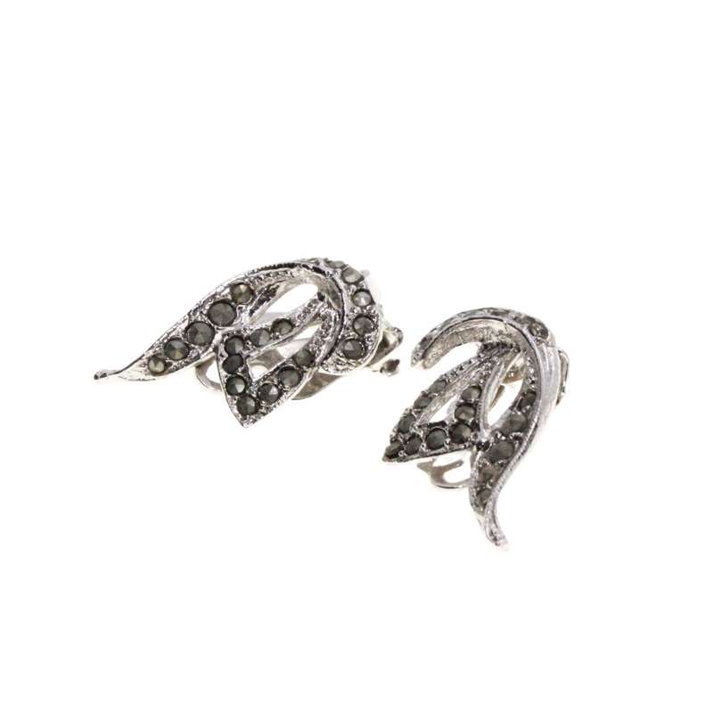 Earrings - Silver Tone Vintage Antique Marcasite Clip On Earrings. Art Nouveau style - ML3178