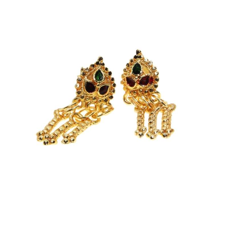 Earrings - Gold Toned South Indian tops. Ethnic Wedding Stud Earrings. Green & Red Enamel - ML3180