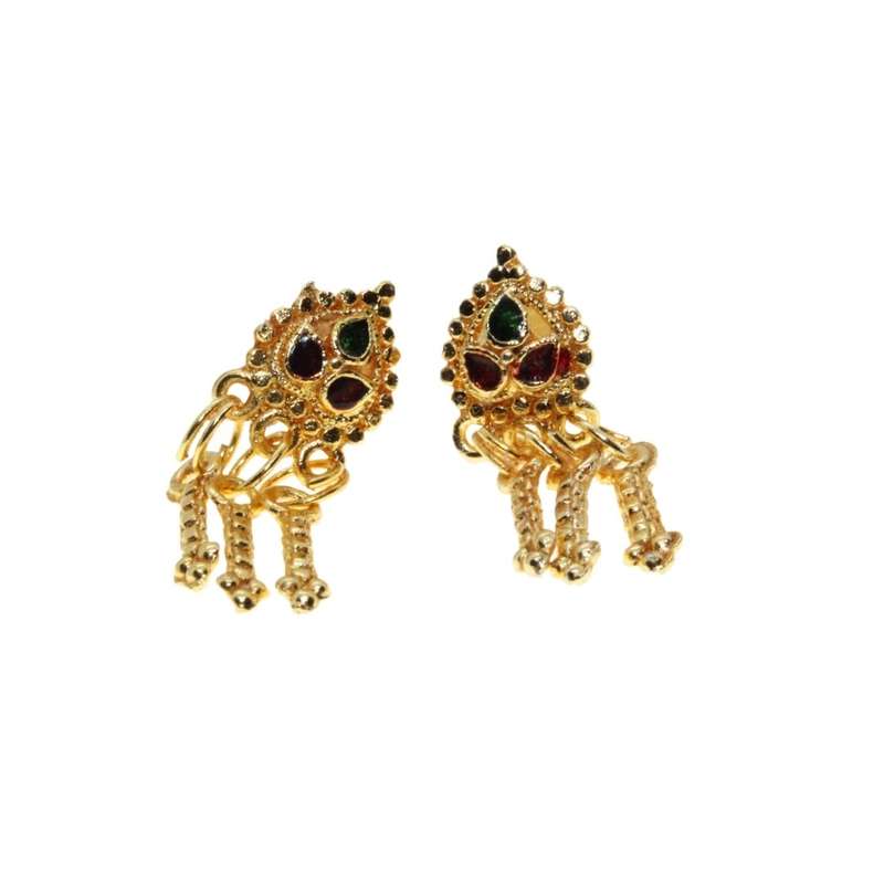 Earrings - Gold Toned South Indian tops. Ethnic Wedding Stud Earrings. Green & Red Enamel - ML3180