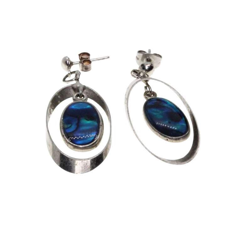Earrings - Silver Tone Oval Dangly Paua Earrings in Loose Frame for Pierced Ears - ML3189