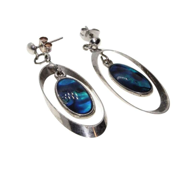 Earrings - Silver Tone Oval Dangly Paua Earrings in Loose Frame for Pierced Ears - ML3189
