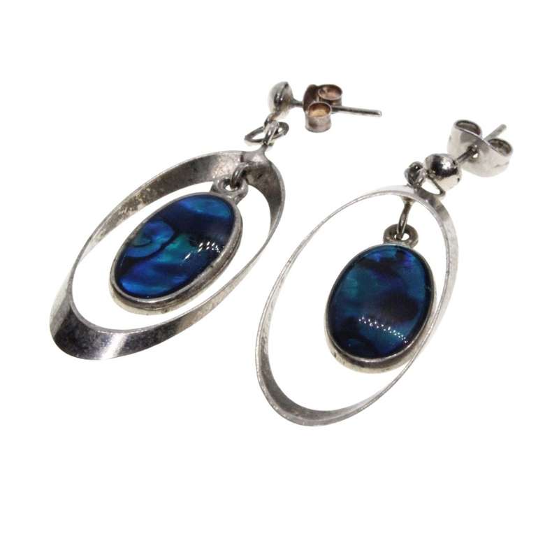 Earrings - Silver Tone Oval Dangly Paua Earrings in Loose Frame for Pierced Ears - ML3189