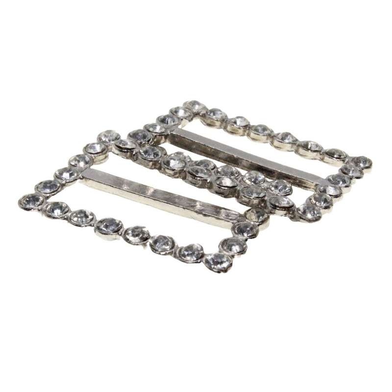 Buckle - Rectangle Silver Tone large Diamantes Ribbon Slider Buckles for Women x 2 - ML3190