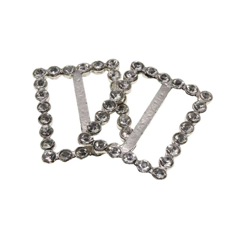 Buckle - Rectangle Silver Tone large Diamantes Ribbon Slider Buckles for Women x 2 - ML3190