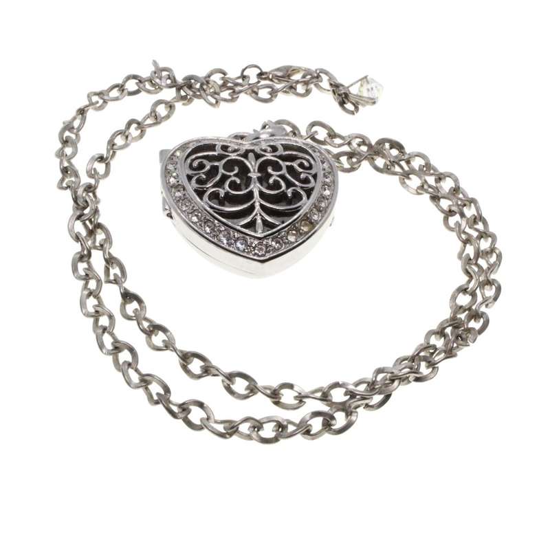 Necklace - S Tone Heart Watch with Diamantes & Filigree Design (No battery) S Steel back. Chain. ...
