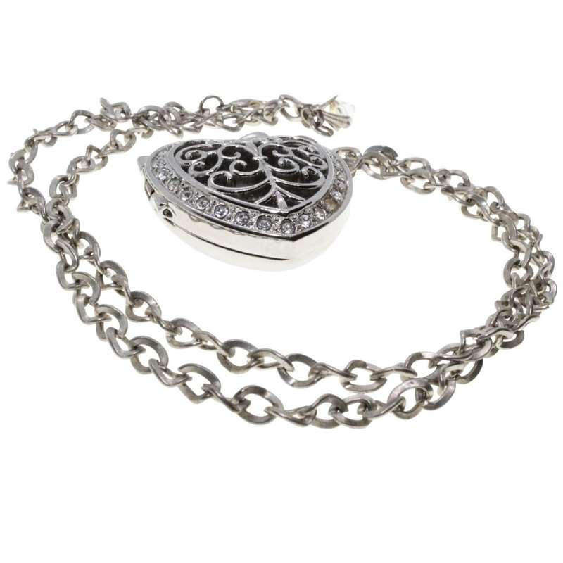 Necklace - S Tone Heart Watch with Diamantes & Filigree Design (No battery) S Steel back. Chain. ...