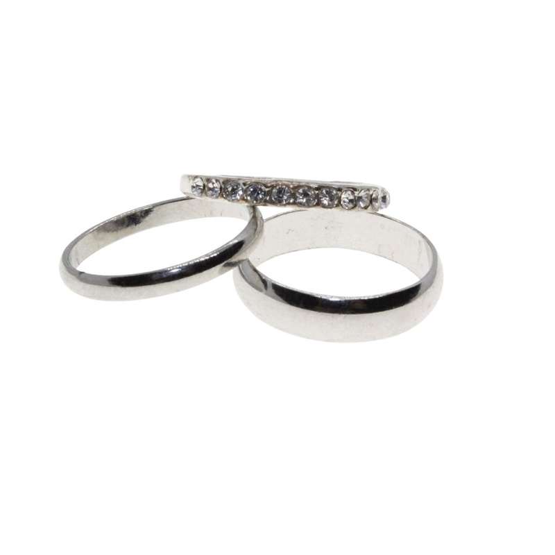 Ring - 3 x Silver Tone Assorted bands. 2 x Plain Bands & 1 surrounded by Diamantes - ML3198