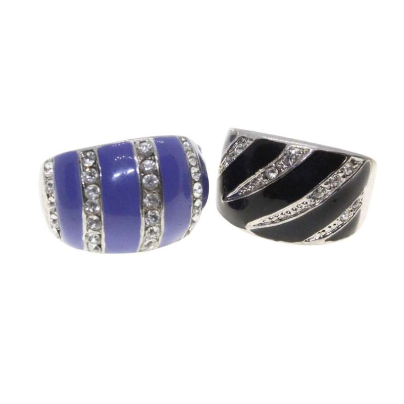 2 x Silver Tone Chunky Bands with Blue & Black Enamel. Small Diamantes - ML3199