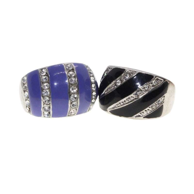 2 x Silver Tone Chunky Bands with Blue & Black Enamel. Small Diamantes - ML3199