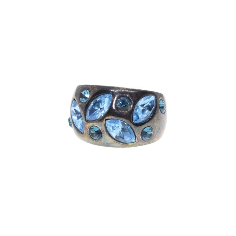 Ring - Gun Metal Tone Chunky Wide Band with Shiny Ocean Blue Rhinestones - ML3200