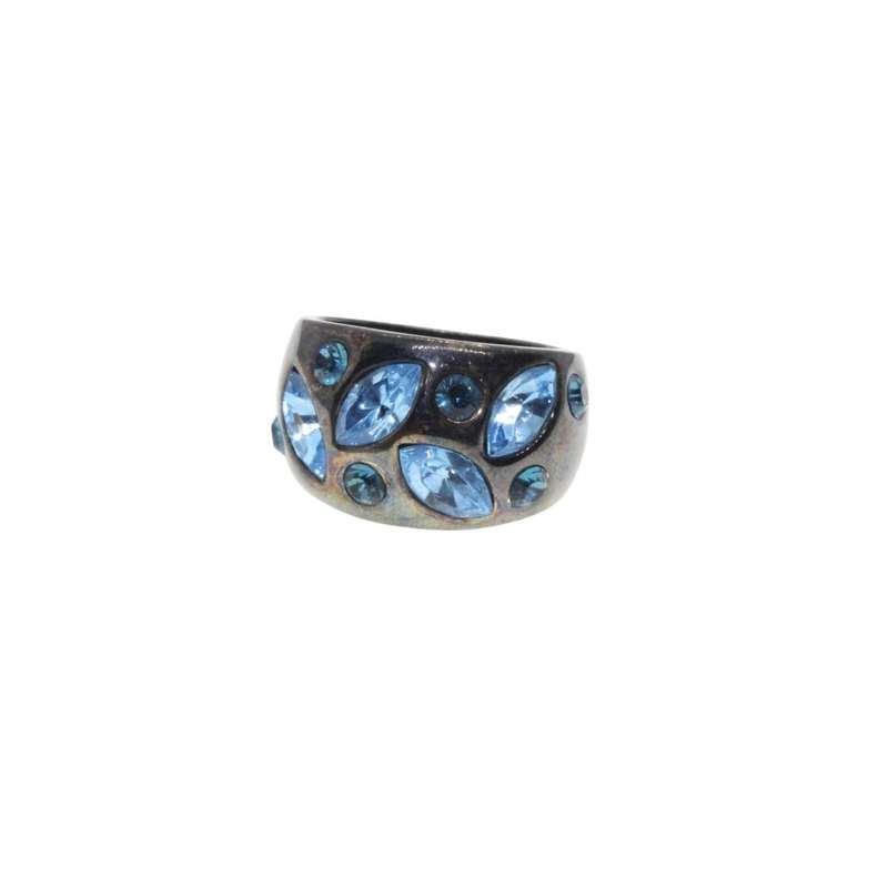 Ring - Gun Metal Tone Chunky Wide Band with Shiny Ocean Blue Rhinestones - ML3200