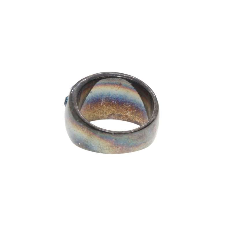 Ring - Gun Metal Tone Chunky Wide Band with Shiny Ocean Blue Rhinestones - ML3200