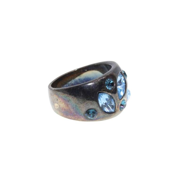 Ring - Gun Metal Tone Chunky Wide Band with Shiny Ocean Blue Rhinestones - ML3200