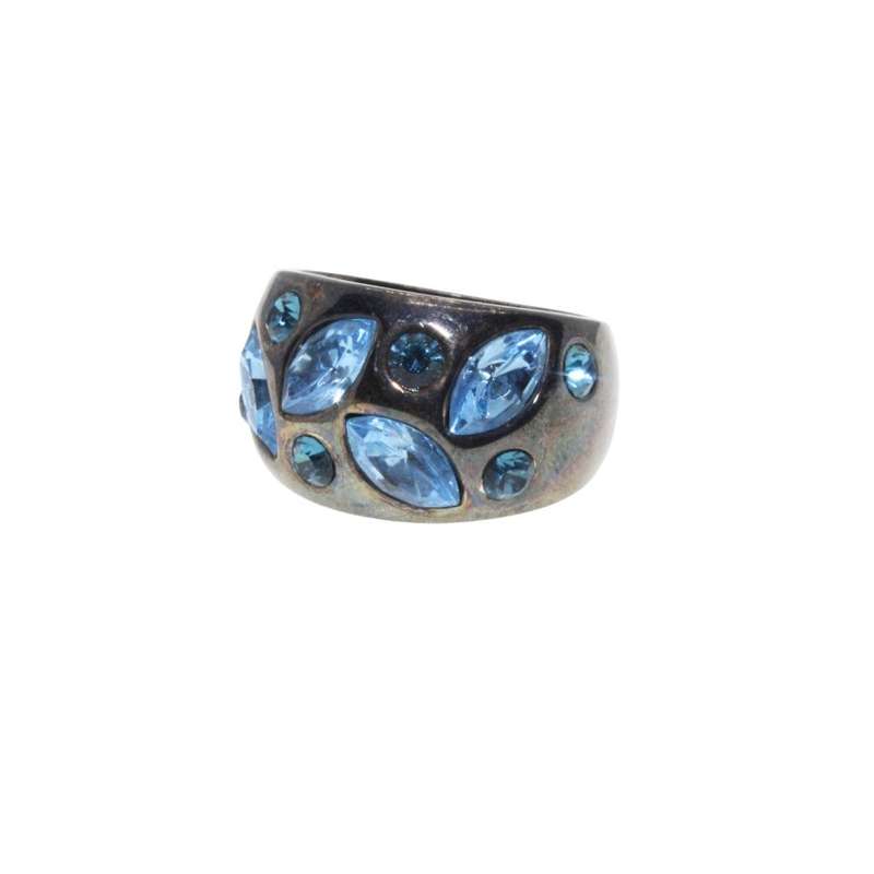 Ring - Gun Metal Tone Chunky Wide Band with Shiny Ocean Blue Rhinestones - ML3200