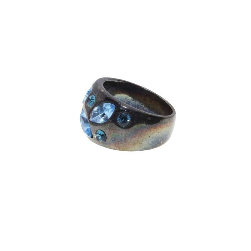 Ring - Gun Metal Tone Chunky Wide Band with Shiny Ocean Blue Rhinestones - ML3200