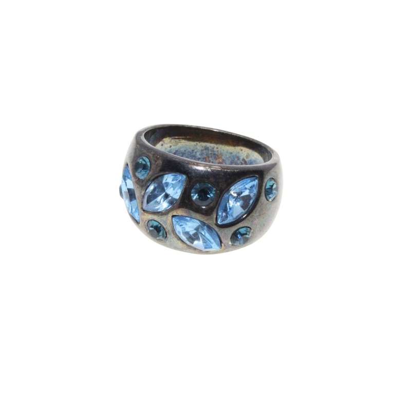 Ring - Gun Metal Tone Chunky Wide Band with Shiny Ocean Blue Rhinestones - ML3200