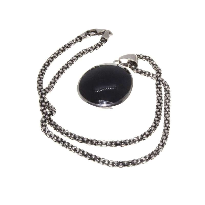 Necklace - 925 Silver Chain. 925 Cabochon Pendant. Black Centre Stone. - ML3203