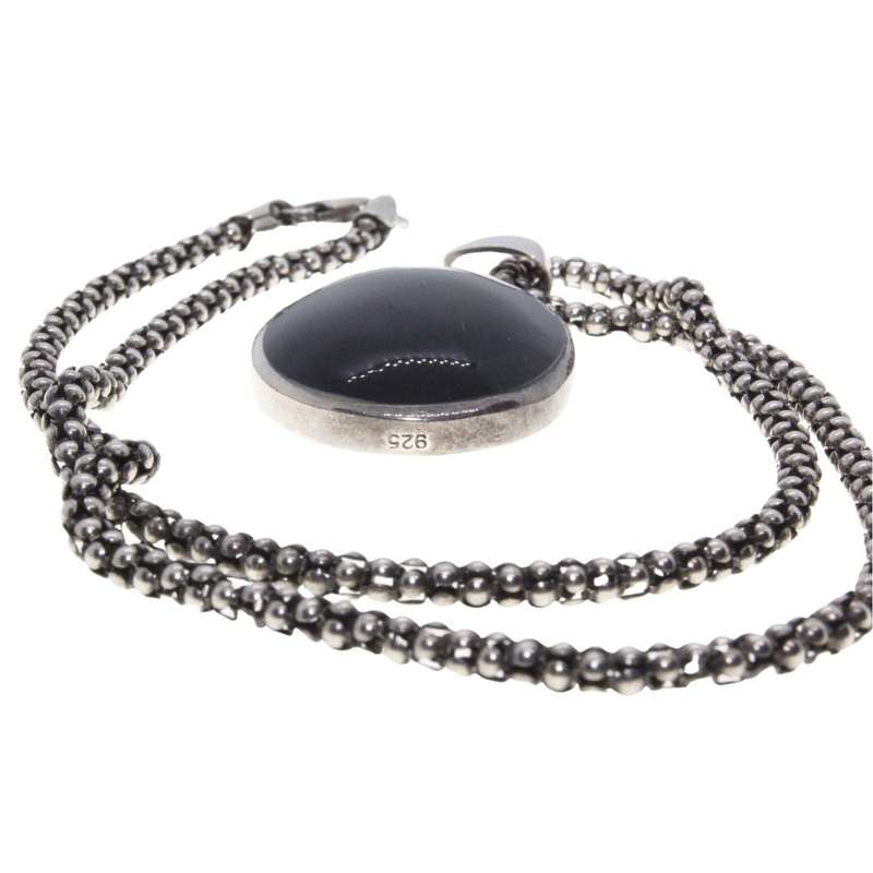 Necklace - 925 Silver Chain. 925 Cabochon Pendant. Black Centre Stone. - ML3203