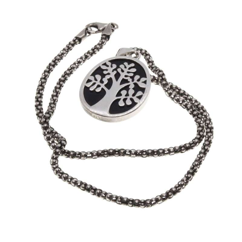 Necklace - 925 Silver Chain. 925 Cabochon Pendant. Black Centre Stone. - ML3203