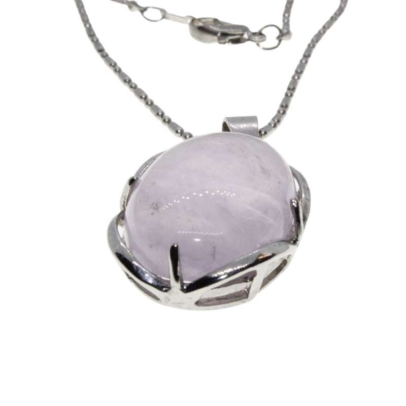 Necklace - Silver Tone Pink Rose Quartz Necklace with Pendant in Silver Tone Frame - ML3204