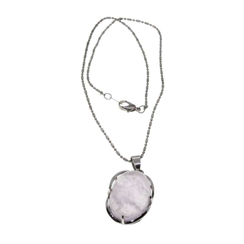 Necklace - Silver Tone Pink Rose Quartz Necklace with Pendant in Silver Tone Frame - ML3204